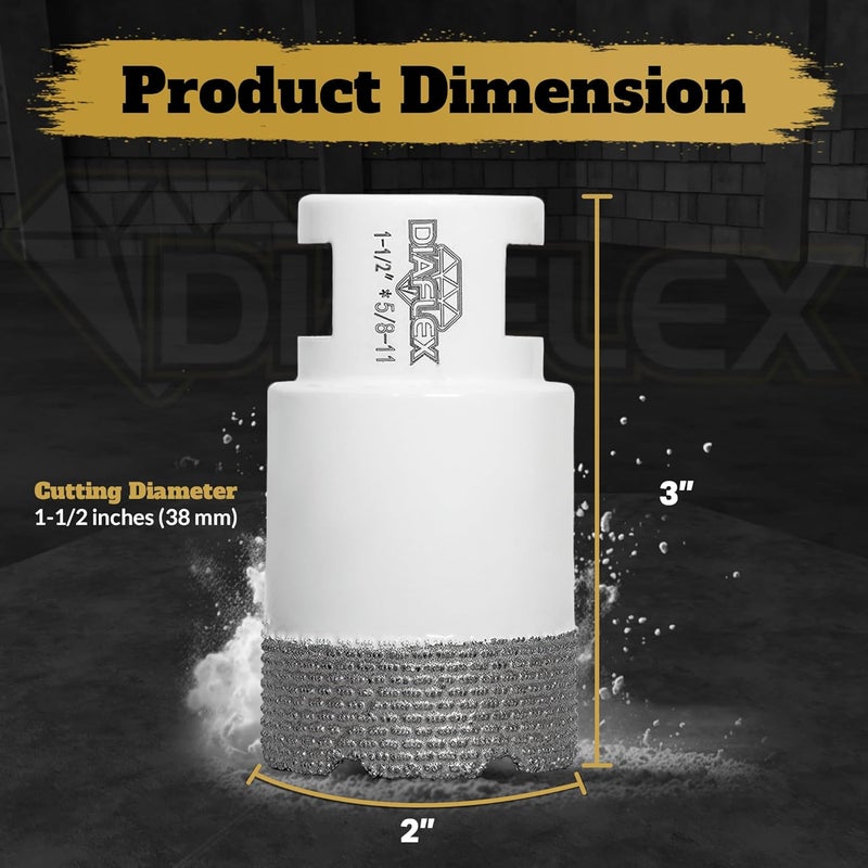 DIAFLEX Premium Brazed Core Bit – 1-1/2" Diamond Hole Saw for Porcelain, Ceramic, Stone, Dekton – 5/8"-11 Thread – Fast Clean Cuts – Vacuum Brazed – Wet or Dry Use - Image 3